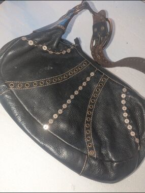 Kenneth Cole Black Leather Shoulder Bag with Gold Stud and Grommet Accents